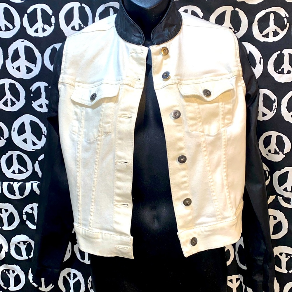 DL 1961 ROCKET CREAM JEAN JACKET FAUX LEATHER SLEEVES SZ M